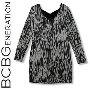 BCBGENERATION Black Grey Zebra Print Vneck Fitted Long Sleeve Mini Dress L